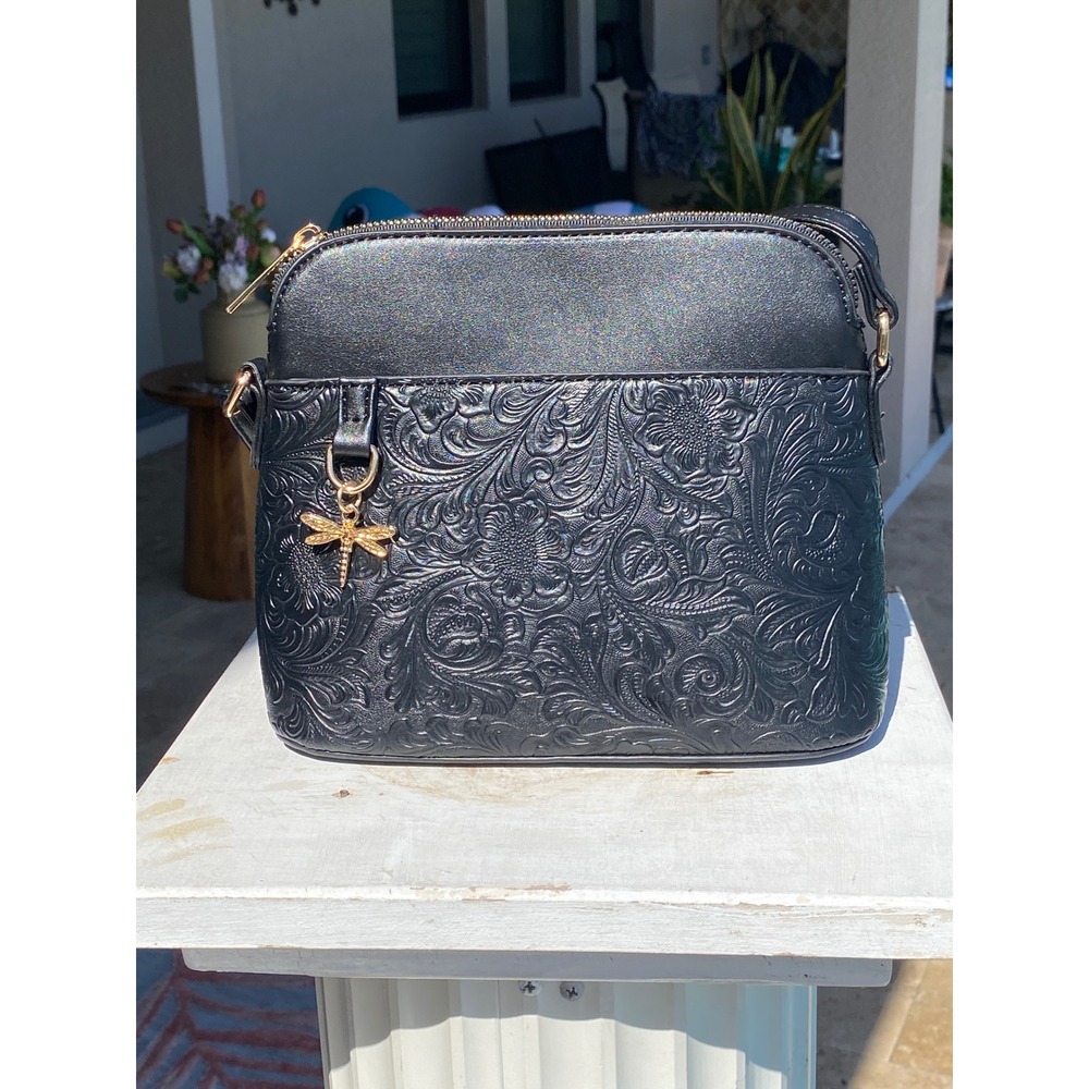 Black Floral Embossed Crossbody Dome Bag‎ with Gold Dragonfly Charm New